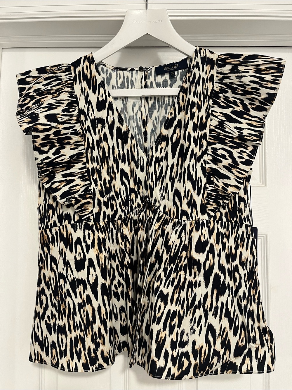 Leopard Print Ruffle Sleeve V-Neck Top - Black & Cream